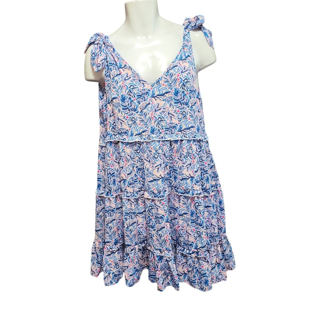Simply Southern Dress Women's L Blue Floral Tiered Sleeveless Resort Shift